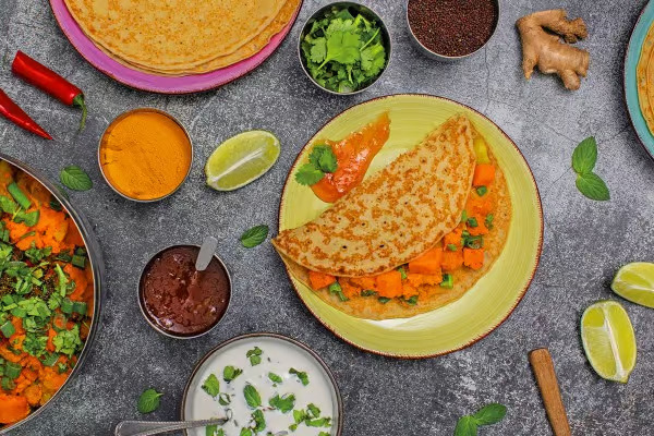 Chickpea Flour Dosas with a Sweet Potato and Vegetable Filling