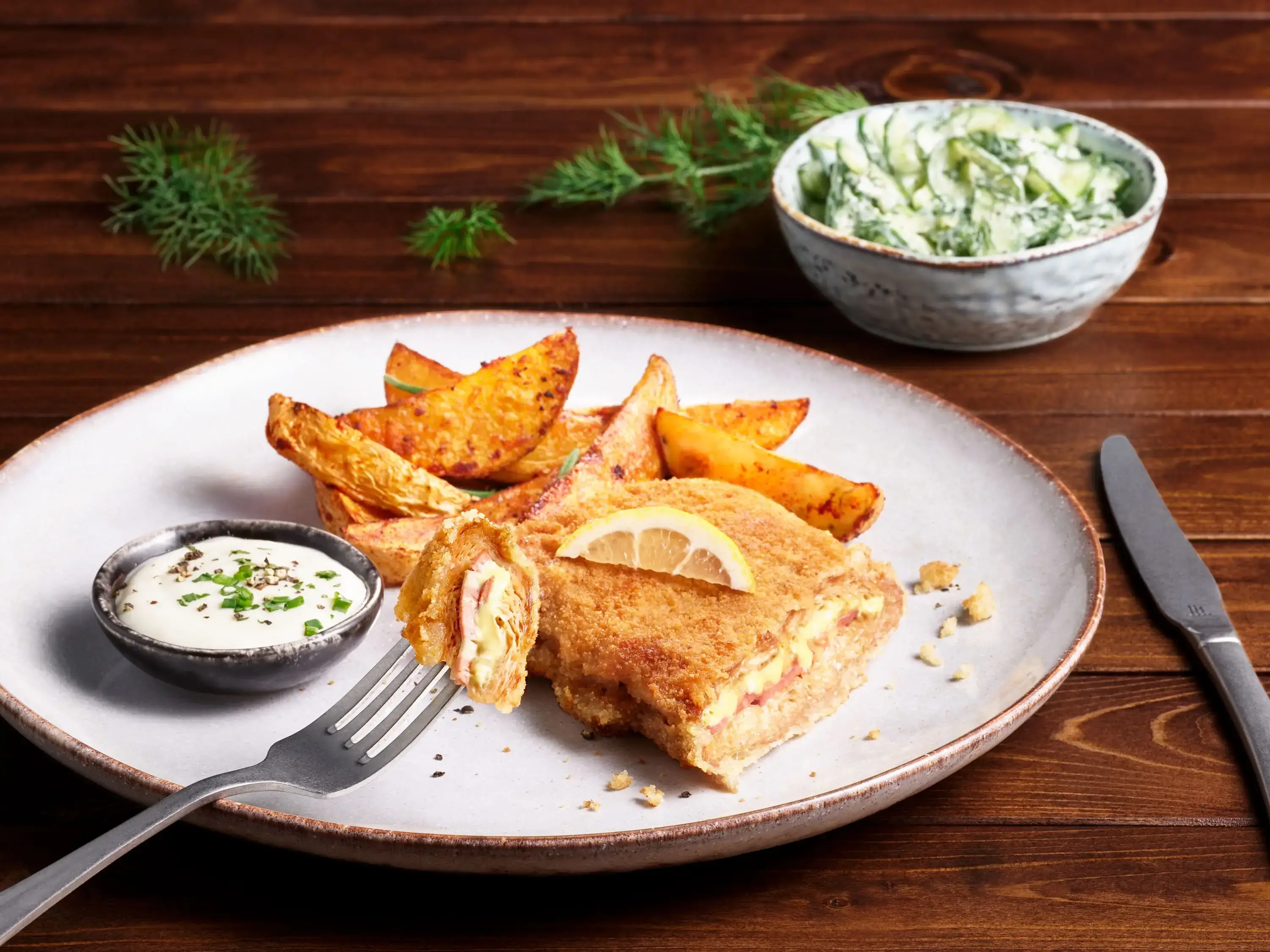 Vegan Cordon Bleu with Rosemary Potato Wedges and Cucumber Salad