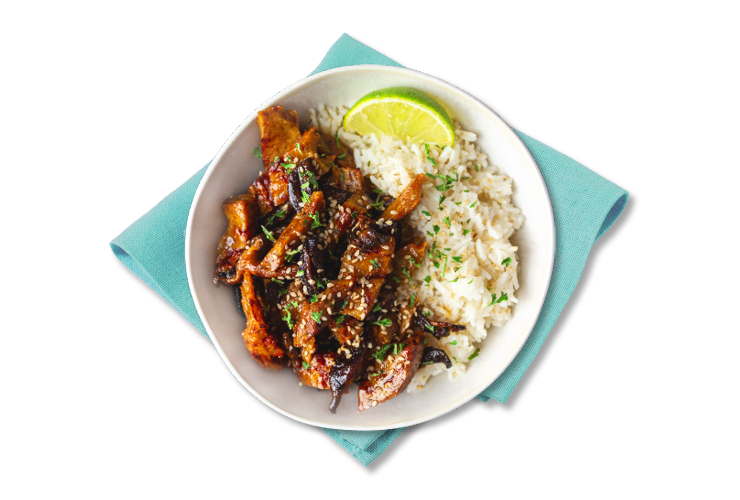 Mushroom stir-fry with seitan and coconut-lime rice