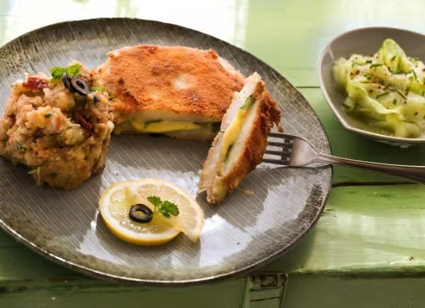 Celery-cordon bleu with mediterranean mashed potatoes