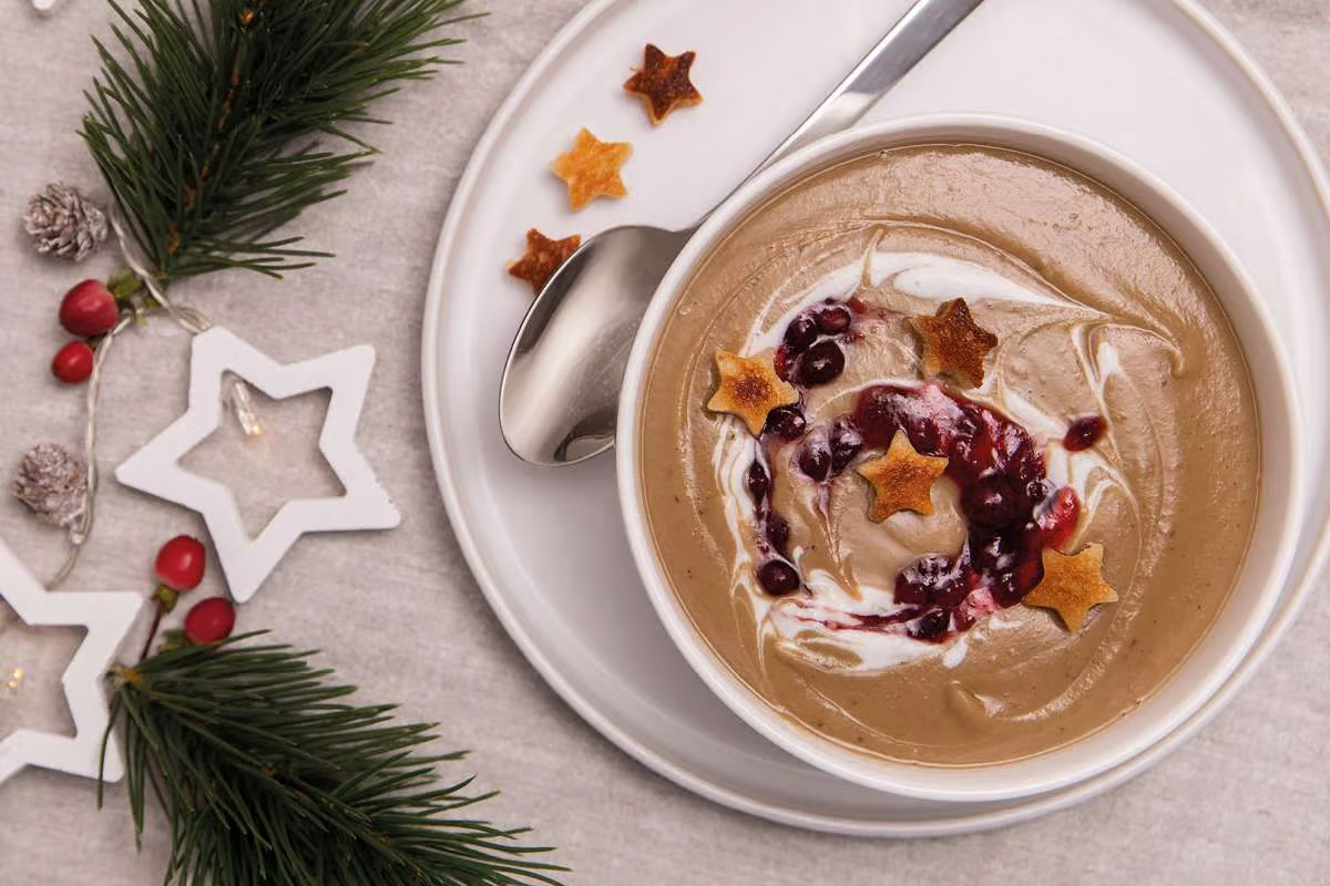 Chestnut soup with lingonberries