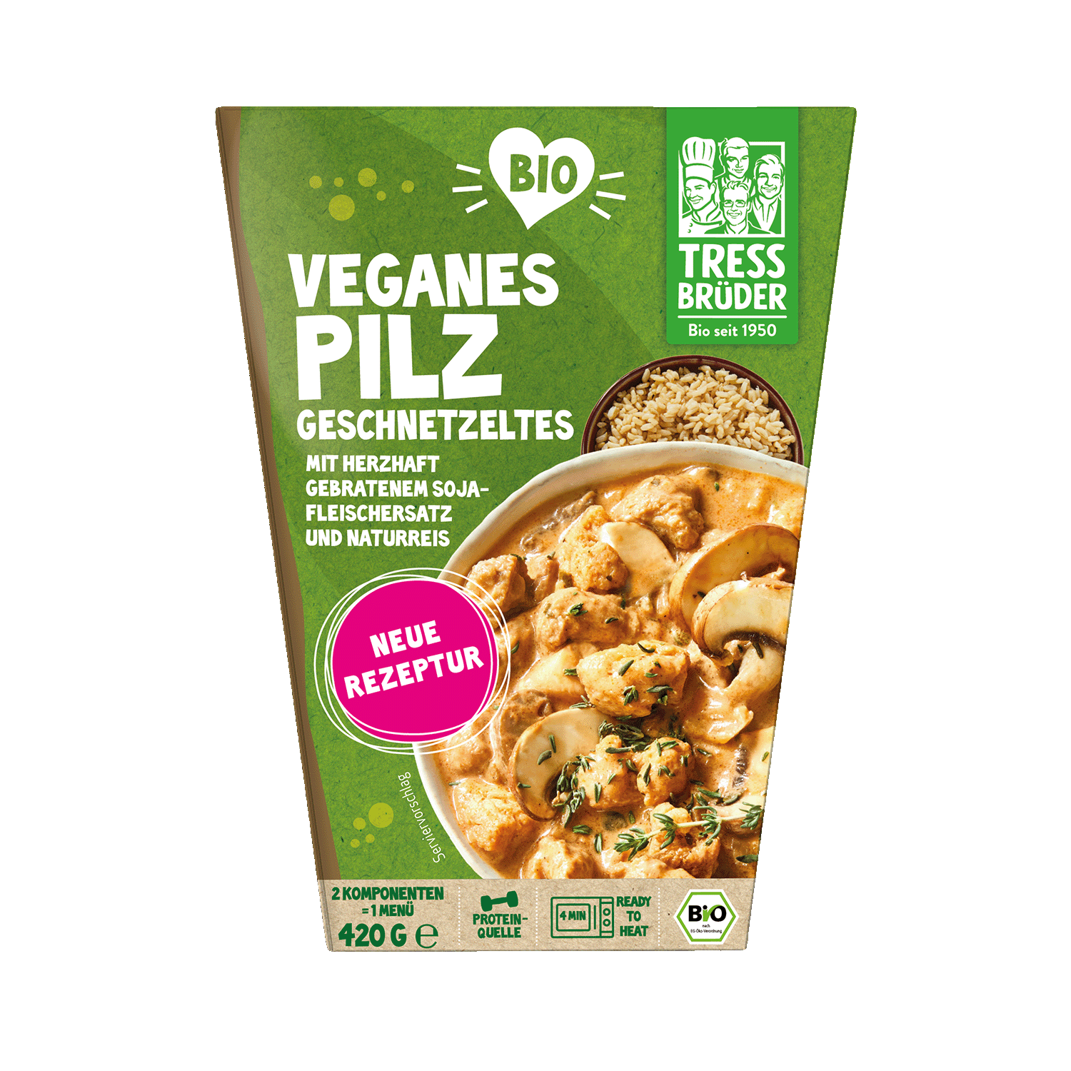 Vegan sliced mushrooms with soya meat substitute and brown rice, Organic, 420g