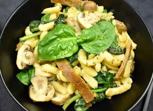 Vegan Spaetzle Pan with Mushrooms, Spinach, and Seitan