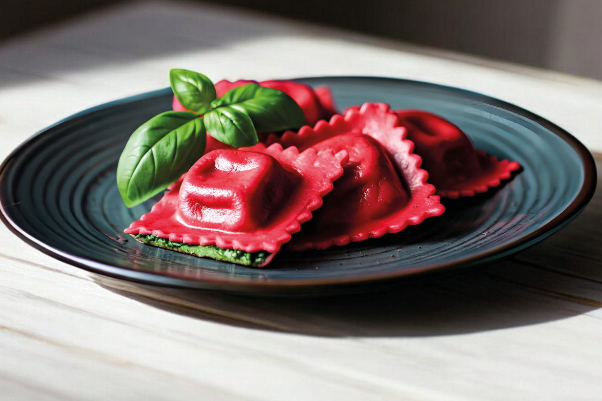 Beetroot ravioli filled with fresh spinach