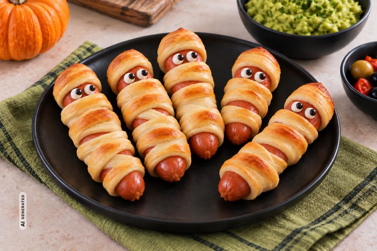 Vegane Mumienwürstchen im Blätterteig mit essbaren Augen auf einem schwarzen Teller. Das Bild wurde mit KI erstellt.