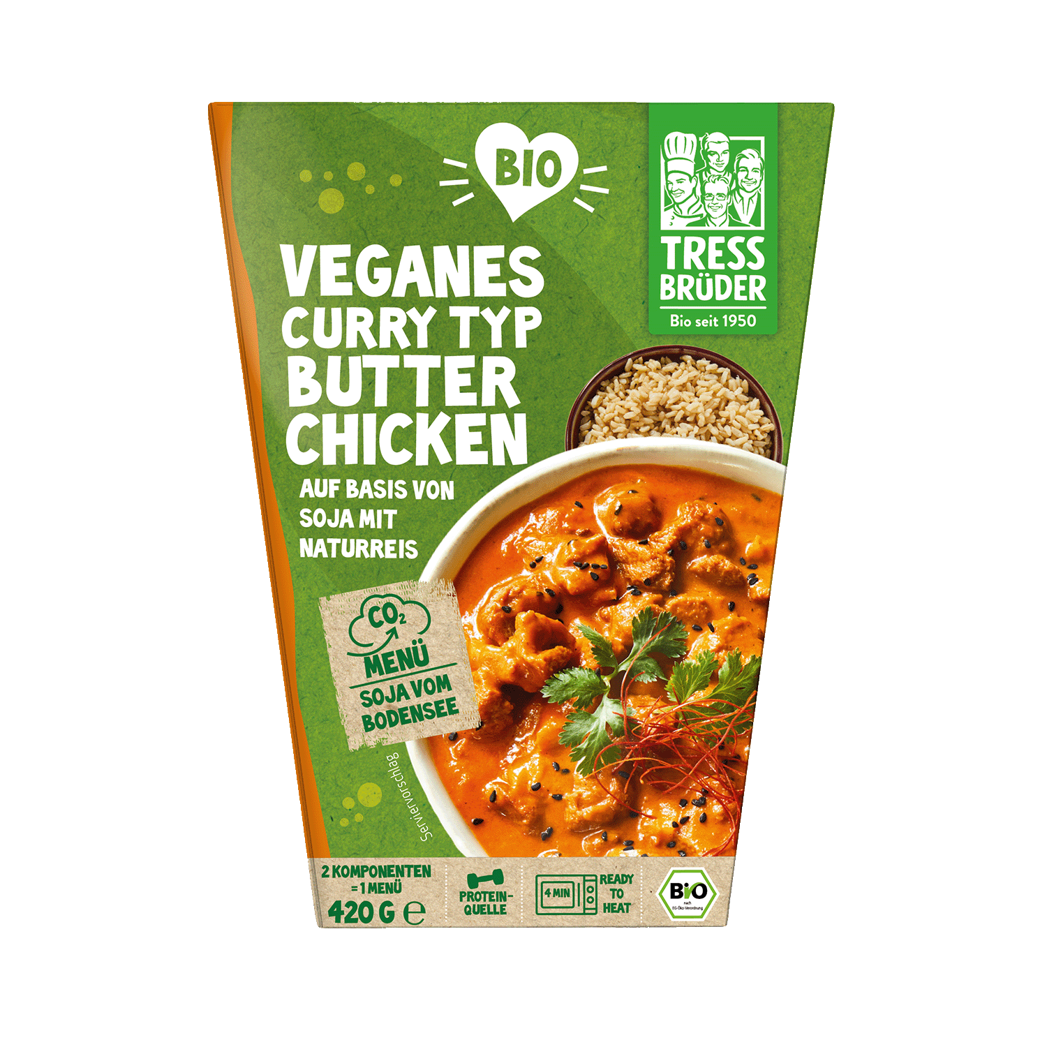 Veganes Curry Typ Butter Chicken auf Basis von Soja mit Naturreis, BIO, 420g