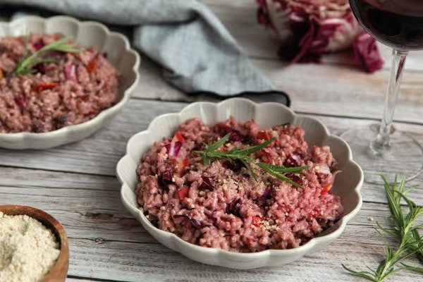 Red Wine Risotto with Radicchio and an Alternative to Bacon