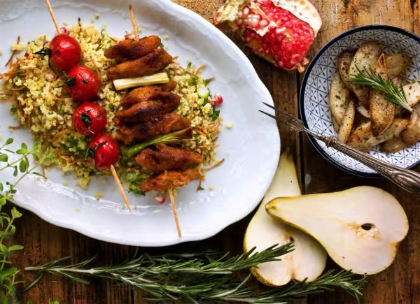 Oriental Bulgur with Skewers & Rosemary Pears